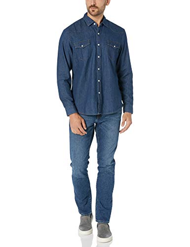 Amazon Essentials - Camisa tejana de manga larga y corte recto para hombre, Azul medio, US S (EU S)