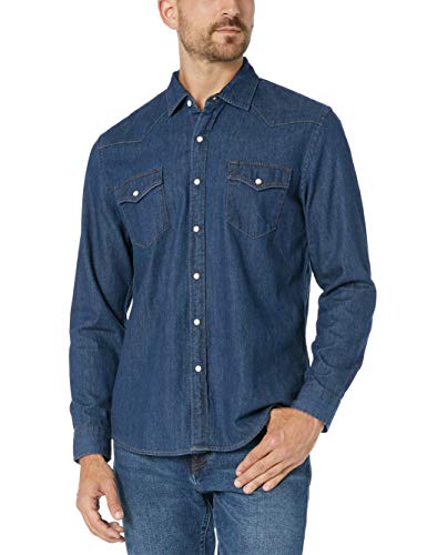 Amazon Essentials - Camisa tejana de manga larga y corte recto para hombre, Azul medio, US S (EU S)