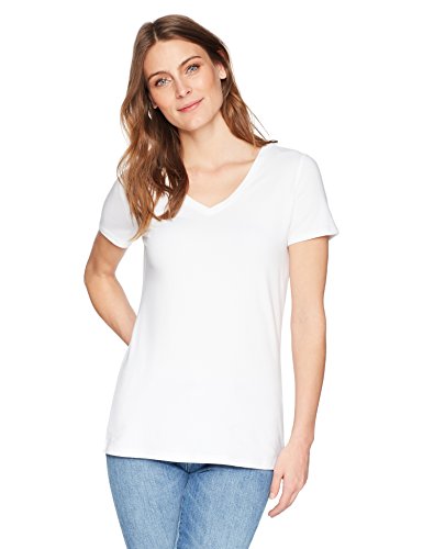 Amazon Essentials Camiseta de manga corta clásico con cuello en V, Mujer, Blanco (Blanco), XS, pack de 2