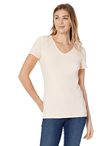 Amazon Essentials Camiseta de manga corta clásico con cuello en V, Mujer, Rosa (Rosa (Peach/White)), M - L, pack de 2