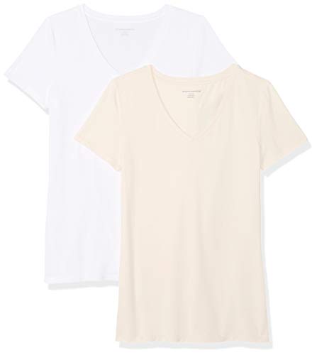 Amazon Essentials Camiseta de manga corta clásico con cuello en V, Mujer, Rosa (Rosa (Peach/White)), M - L, pack de 2