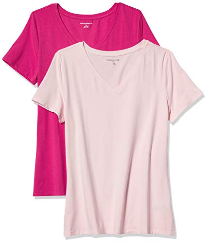 Amazon Essentials Camiseta de manga corta clásico con cuello en V, Mujer, Rosa (Rosado (Pink/Bright Pink)), US S (EU S - M), pack de 2