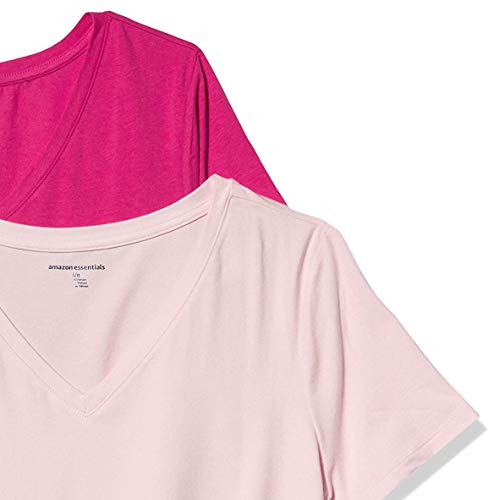 Amazon Essentials Camiseta de manga corta clásico con cuello en V, Mujer, Rosa (Rosado (Pink/Bright Pink)), US S (EU S - M), pack de 2