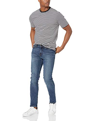 Amazon Essentials - Camiseta de manga corta holgada con cuello redondo y diseño a rayas para hombre, Negro/Blanco, Small, (Pack de 2)