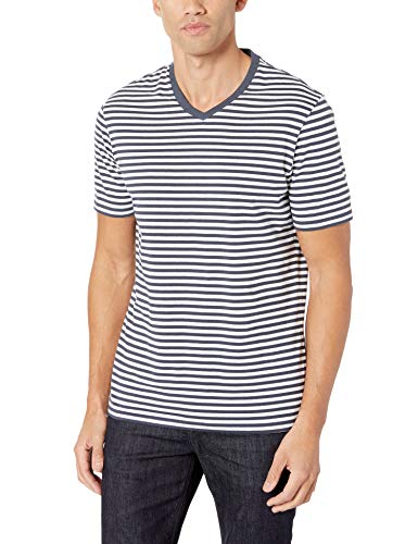 Amazon Essentials - Camisetas de manga corta y corte entallado con cuello en V y diseño a rayas para hombre, Azul marino/Blanco, US S (EU S)