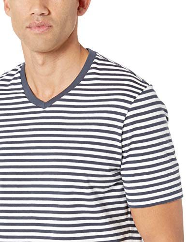 Amazon Essentials - Camisetas de manga corta y corte entallado con cuello en V y diseño a rayas para hombre, Azul marino/Blanco, US S (EU S)