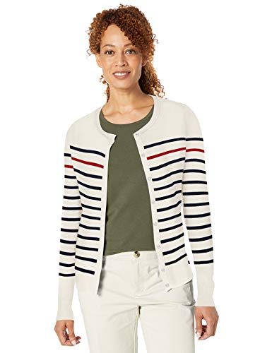 Amazon Essentials - Cárdigan ligero y largo para mujer., Blanco (White Stripe Wst), US L (EU L - XL)