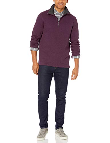 Amazon Essentials - Jersey estándar de hombre con acanalado francés y cremallera corta en el cuello, Borgoña jaspeado, US S (EU S)