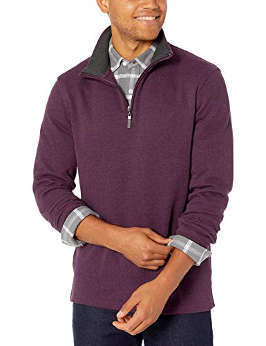 Amazon Essentials - Jersey estándar de hombre con acanalado francés y cremallera corta en el cuello, Borgoña jaspeado, US S (EU S)