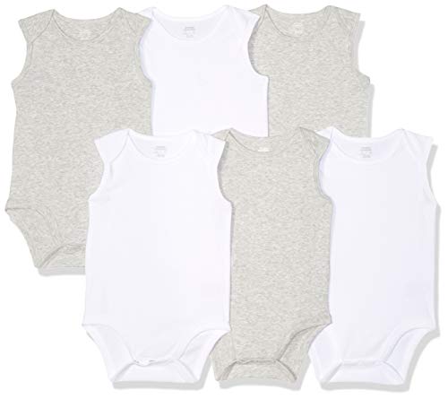 Amazon Essentials - Pack de 6 bodis sin mangas para bebé, Solid White & Heather Grey, Bebé prematuro