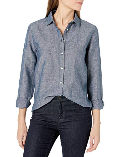Amazon Essentials Relaxed-fit Long-Sleeve Linen Shirt Dress-Shirts, Azul Marino Crossdye, M
