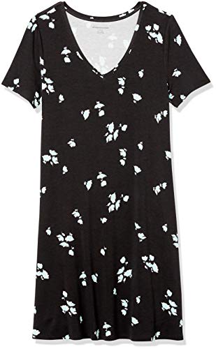 Amazon Essentials Short-Sleeve V-Neck Swing Dress, Black Aqua Tossed Tulip, M