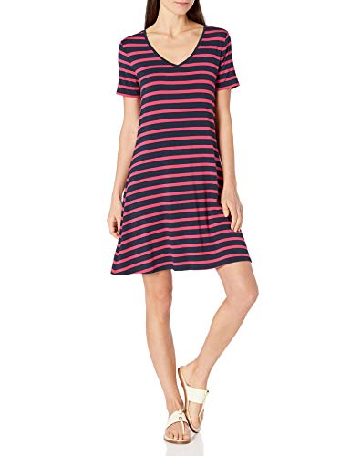 Amazon Essentials Short-Sleeve V-Neck Swing Dress, Franja Francesa roja, L