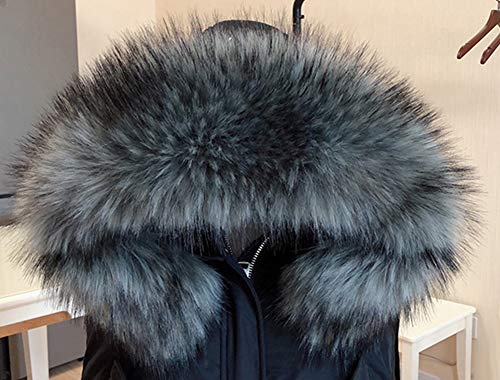 Amorar - Bufanda de pelo de imitación, para mujer, cuello de pelo para invierno, cálida, para capucha, cuello de piel sintética para abrigo de invierno, con botones gris/negro 75 cm