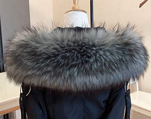 Amorar - Bufanda de pelo de imitación, para mujer, cuello de pelo para invierno, cálida, para capucha, cuello de piel sintética para abrigo de invierno, con botones gris/negro 75 cm