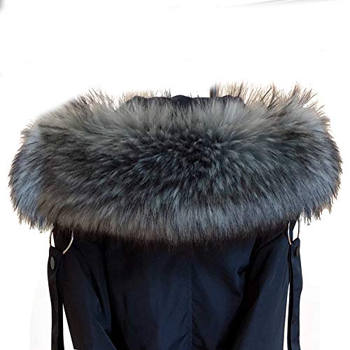 Amorar - Bufanda de pelo de imitación, para mujer, cuello de pelo para invierno, cálida, para capucha, cuello de piel sintética para abrigo de invierno, con botones gris/negro 75 cm