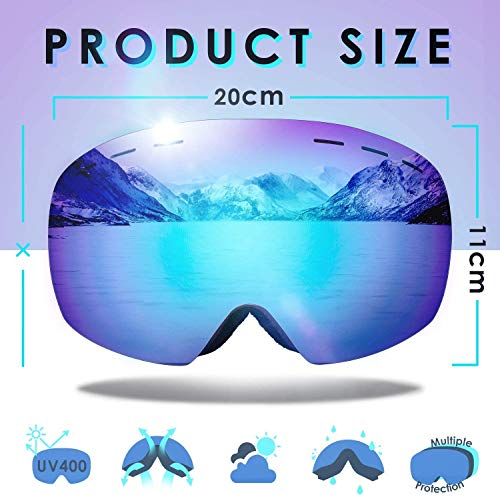 amzdeal Gafas de Esquí, Gafas Esquí Snowboard Doble Capa Anti Niebla 100% Protección UV Desmontables Lentes con Correa Antideslizante OTG Gafas de Esquiar para Adultos Hombre Mujer Juventud