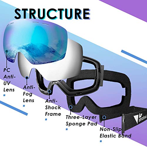 amzdeal Gafas de Esquí, Gafas Esquí Snowboard Doble Capa Anti Niebla 100% Protección UV Desmontables Lentes con Correa Antideslizante OTG Gafas de Esquiar para Adultos Hombre Mujer Juventud