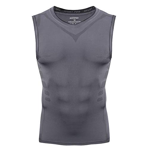 AMZSPORT Camiseta sin Mangas de Compresión para Hombre Capa Base Secado Rápido Deportes Chaleco para Correr, Gris Oscuro XL
