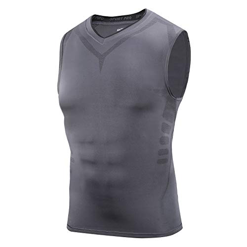AMZSPORT Camiseta sin Mangas de Compresión para Hombre Capa Base Secado Rápido Deportes Chaleco para Correr, Gris Oscuro XL