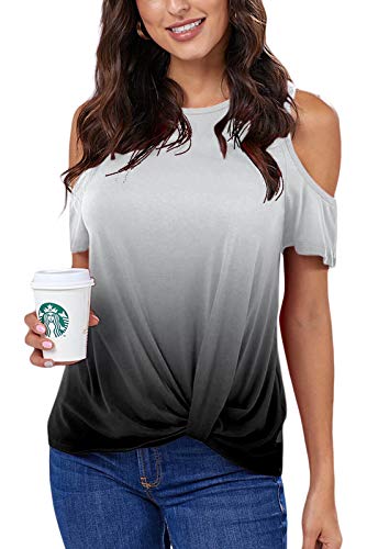 Ancapelion Cold Shoulder - Camiseta de manga corta para mujer, elegante, informal, para verano, cuello redondo con nudos Color gris. XL