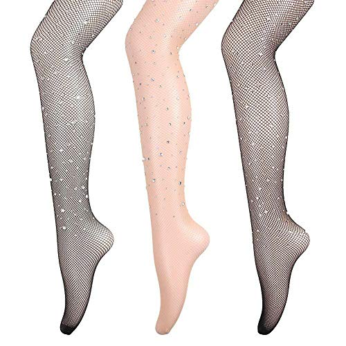 ANDIBEIQI 3 Pares Medias de Rejilla Medias de Malla Pantimedias de Malla para Mujeres con cristal, negro/blanco/desnudo