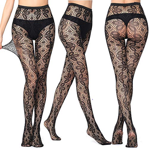 ANDIBEIQI 4 Pack Mujer Pantimedias Semi Medias Negras Dibujos Florales Rayas Corazones Costura Pantimedias Semi Opacas Rejillas negro
