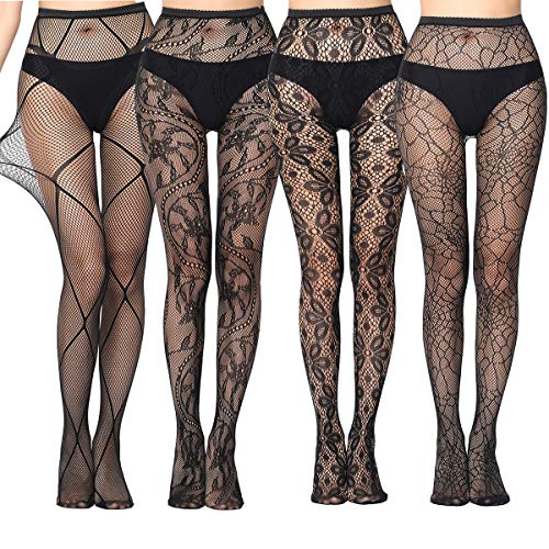 ANDIBEIQI 4 Pack Mujer Pantimedias Semi Medias Negras Dibujos Florales Rayas Corazones Costura Pantimedias Semi Opacas Rejillas negro