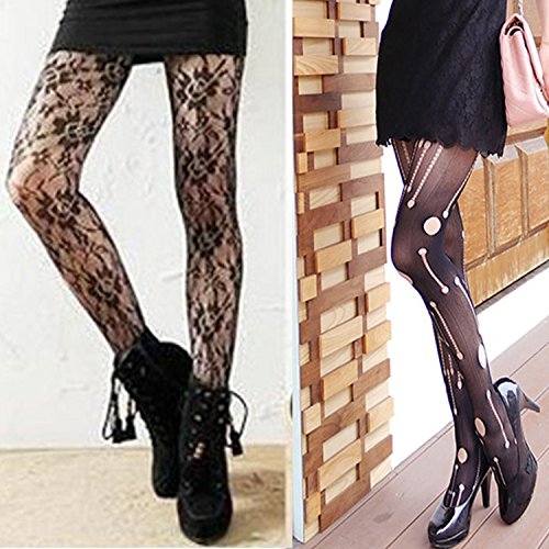 ANDIBEIQI Mujer Pantimedias Semi Medias, 6 pieza Negras Dibujos Florales Rayas Corazones Costura Pantimedias Semi Opacas Rejillas negro