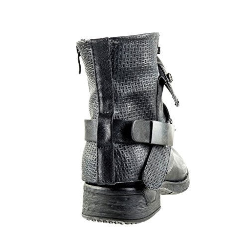 Angkorly - Zapatillas Moda Botines Cavalier Bimaterial Mujer Zapato Acolchado Nodo Camuflaje Talón Tacón Ancho 3 CM - Negro F1059 T 37