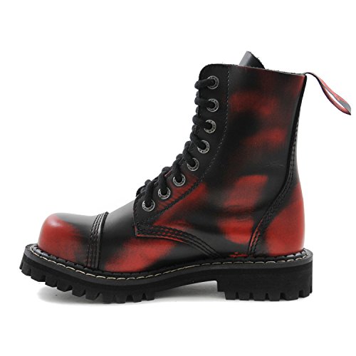 Angry Itch Botas Militares Unisex Hombre Mujer Cuero Rojo Frotado Negro 8 Agujeros Army Punk Punta de Hierro