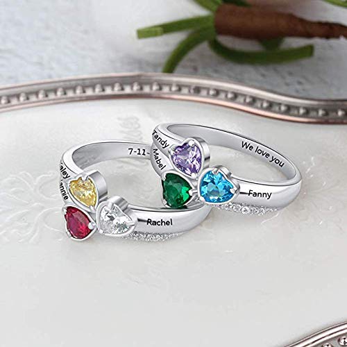 Anillo De Madre De Familia Personalizado con 3 Piedras Plata De Ley 925 Nombre Tallado Anillo De Amistad Cumpleaños Personalizado Graduación Fiesta De Navidad Ideas(Plata 18)