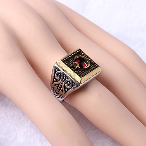 Anillo musulmán Moon Star con piedra roja para hombres, mujeres, Islam, moda retro, joyería religiosa árabe 10 Plata antigua