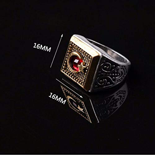 Anillo musulmán Moon Star con piedra roja para hombres, mujeres, Islam, moda retro, joyería religiosa árabe 10 Plata antigua