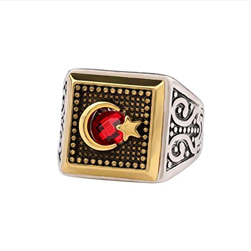 Anillo musulmán Moon Star con piedra roja para hombres, mujeres, Islam, moda retro, joyería religiosa árabe 10 Plata antigua