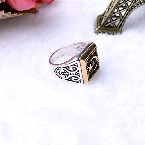 Anillo musulmán Moon Star con piedra roja para hombres, mujeres, Islam, moda retro, joyería religiosa árabe 10 Plata antigua