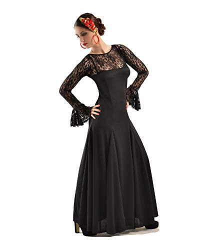 ANUKA Traje Profesional de Danza Flamenco para Mujer. Vestido con Manga y Escote a la Caja en blonda elástica. Fabricado en España (Negro/Negro, XL)