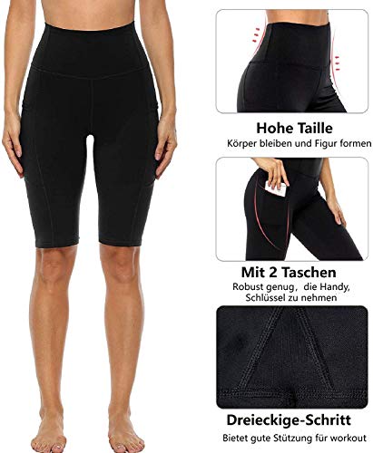 Anwell Mallas cortas para mujer con bolsillo para el móvil, color negro, pantalones de yoga de cintura alta Negro L