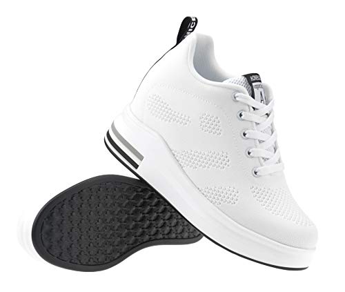AONEGOLD® Zapatillas de Deporte Transpirables Zapatillas de Cuña para Mujer Alta Talón Plataforma 8cm Sneakers(Blanco,36 EU)