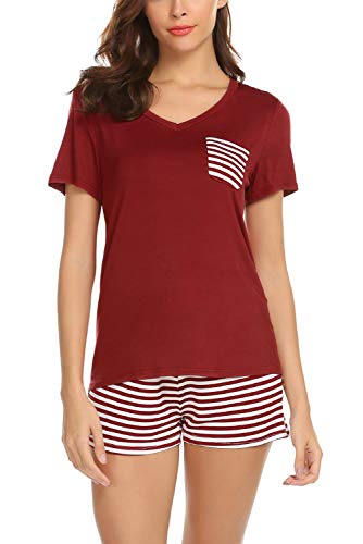 Aranmei Pijamas Mujer Verano Manga Corta 2 Piezas Ropa de Dormir Camiseta con Bolsillo y Pantalon a Rayas con Banda (Vino Rojo, Small)