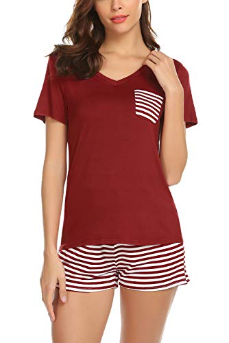 Aranmei Pijamas Mujer Verano Manga Corta 2 Piezas Ropa de Dormir Camiseta con Bolsillo y Pantalon a Rayas con Banda (Vino Rojo, Small)