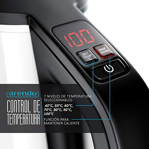 arendo - Hervidor de Agua electrico - Función para Seleccionar Temperatura - 7 Niveles 100 90 80 70 60 50 40 Grado Celsius - 1,5 L - 2200 vatios - Cool Touch