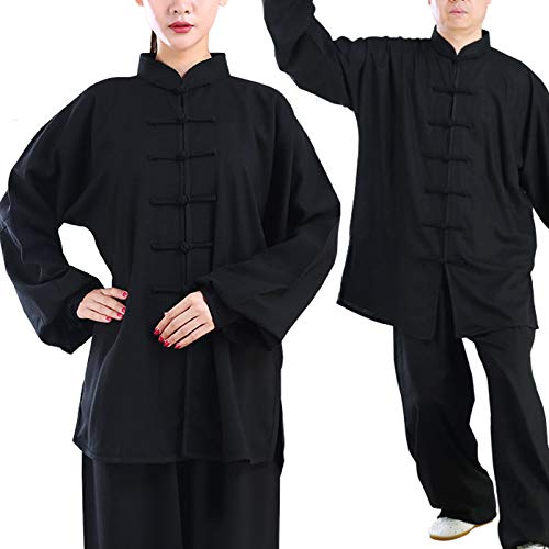 Artes Marciales Trajes de Tai Chi,Hombres Mujeres Chino Indumentaria Kung Fu Trajes Tang Wing Chun Taekwondo Algodón y Lino de Entrenamiento Sets(Color:Negro,Size:L)