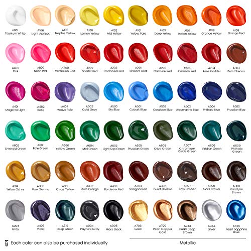 Arteza Tubos de pinturas acrílicas para el arte, Juego de 60 colores numerados, 60 tubos de 22 ml, Pintura acrílica para lienzos