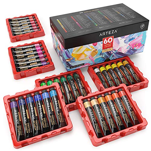 Arteza Tubos de pinturas acrílicas para el arte, Juego de 60 colores numerados, 60 tubos de 22 ml, Pintura acrílica para lienzos
