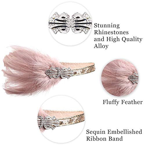 ArtiDeco 1920 Diadema de Pluma Cinta para el Pelo con Cristal Vintage Años 20 Flapper Pelo Banda de Pluma con Lentejuelas Disfraz Gatsby Accesorio