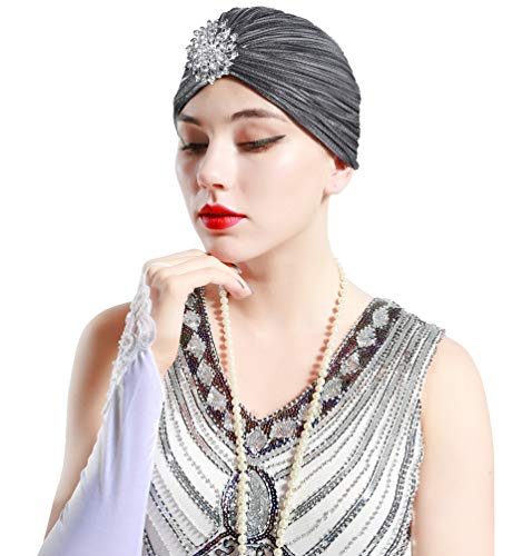 ArtiDeco Sombrero turbante para mujer con cristales, estilo retro de los años 20 plata Talla única