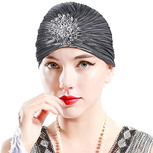 ArtiDeco Sombrero turbante para mujer con cristales, estilo retro de los años 20 plata Talla única