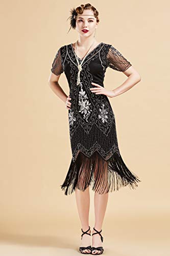 ArtiDeco - Vestido de mujer estilo años 20 con mangas cortas, disfraz de Gatsby para fiestas temáticas negro/plateado XXL