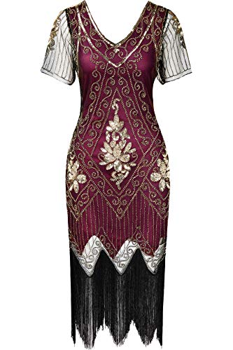 ArtiDeco - Vestido de mujer estilo años 20 con mangas cortas, disfraz de Gatsby para fiestas temáticas rojo dorado XXL